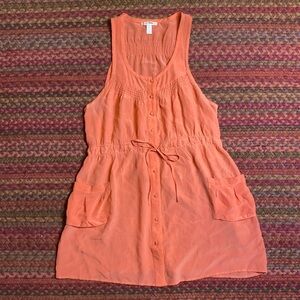 TRINITY CORAL 100% SILK BUTTON FRONT TANK DRESS